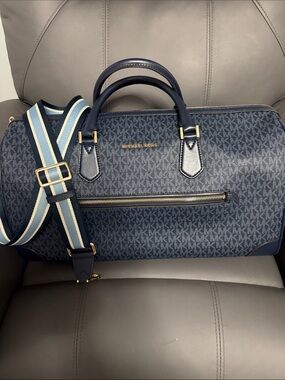 Michael Kors Navy MK Logo Duffel with Striped Blue-White Strap